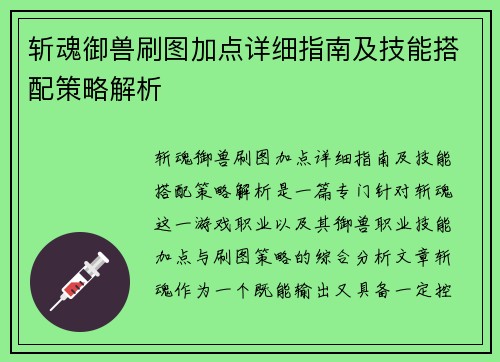 斩魂御兽刷图加点详细指南及技能搭配策略解析