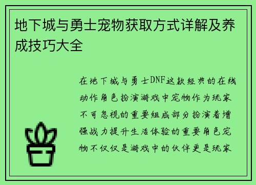 地下城与勇士宠物获取方式详解及养成技巧大全